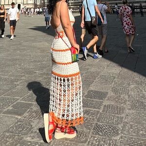 Stylish Backless Crochet Dress - White and Orange